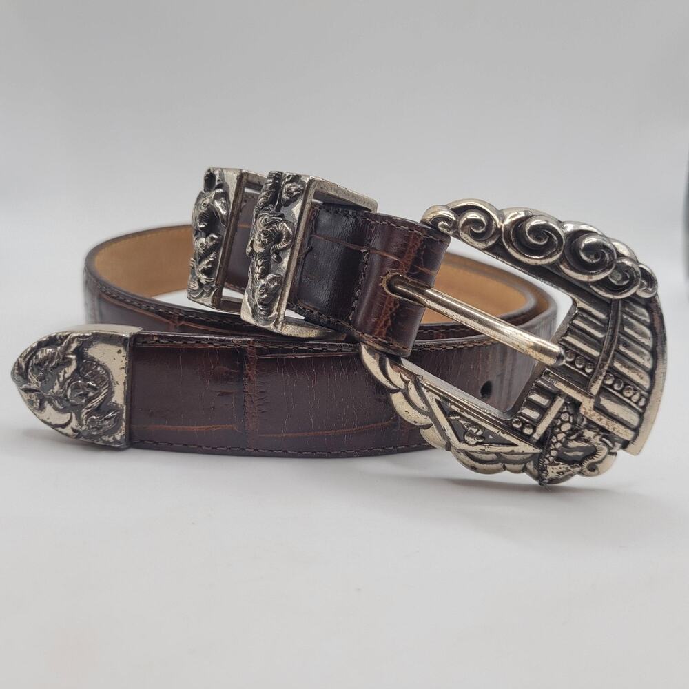 VTG Brighton Belt Sml Brown Leather Croc Embossed Noah's Ark Western 90s Cowgirl